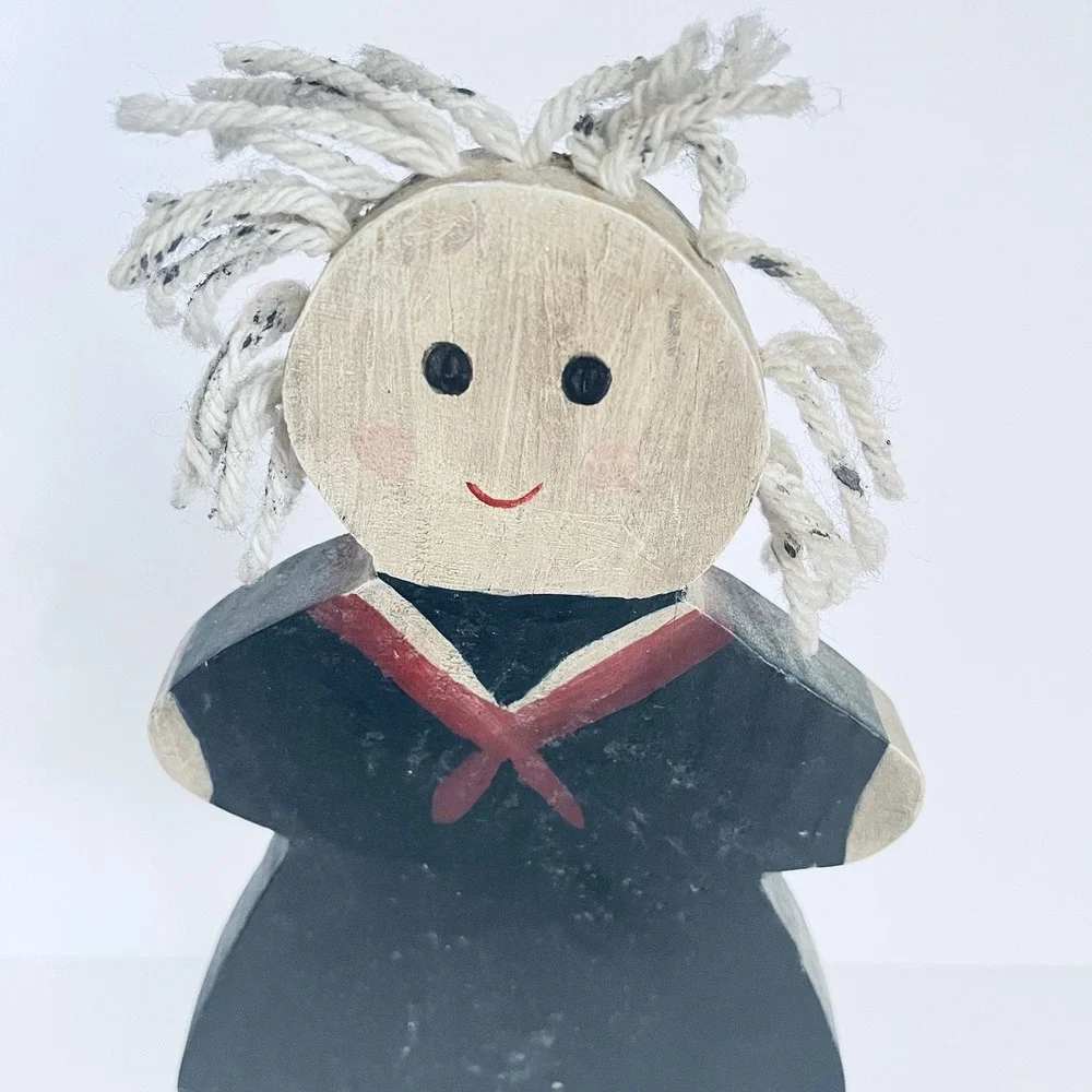 Vtg Handmade Primitive Girl‎ sailor dress wood cutout on stand decor country 14
